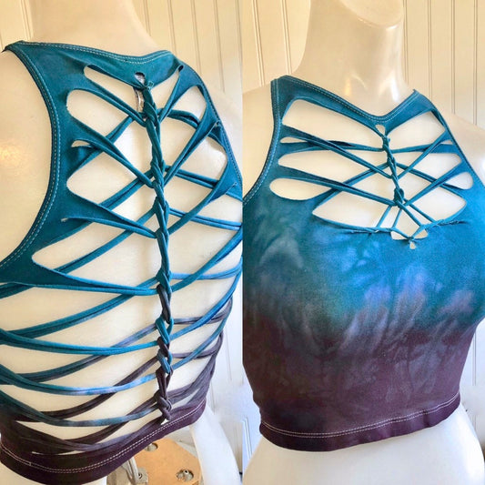 Blue Cherry Warrior Hand Dyed Crop Top Open back Yoga Tank __etsy:1803293090