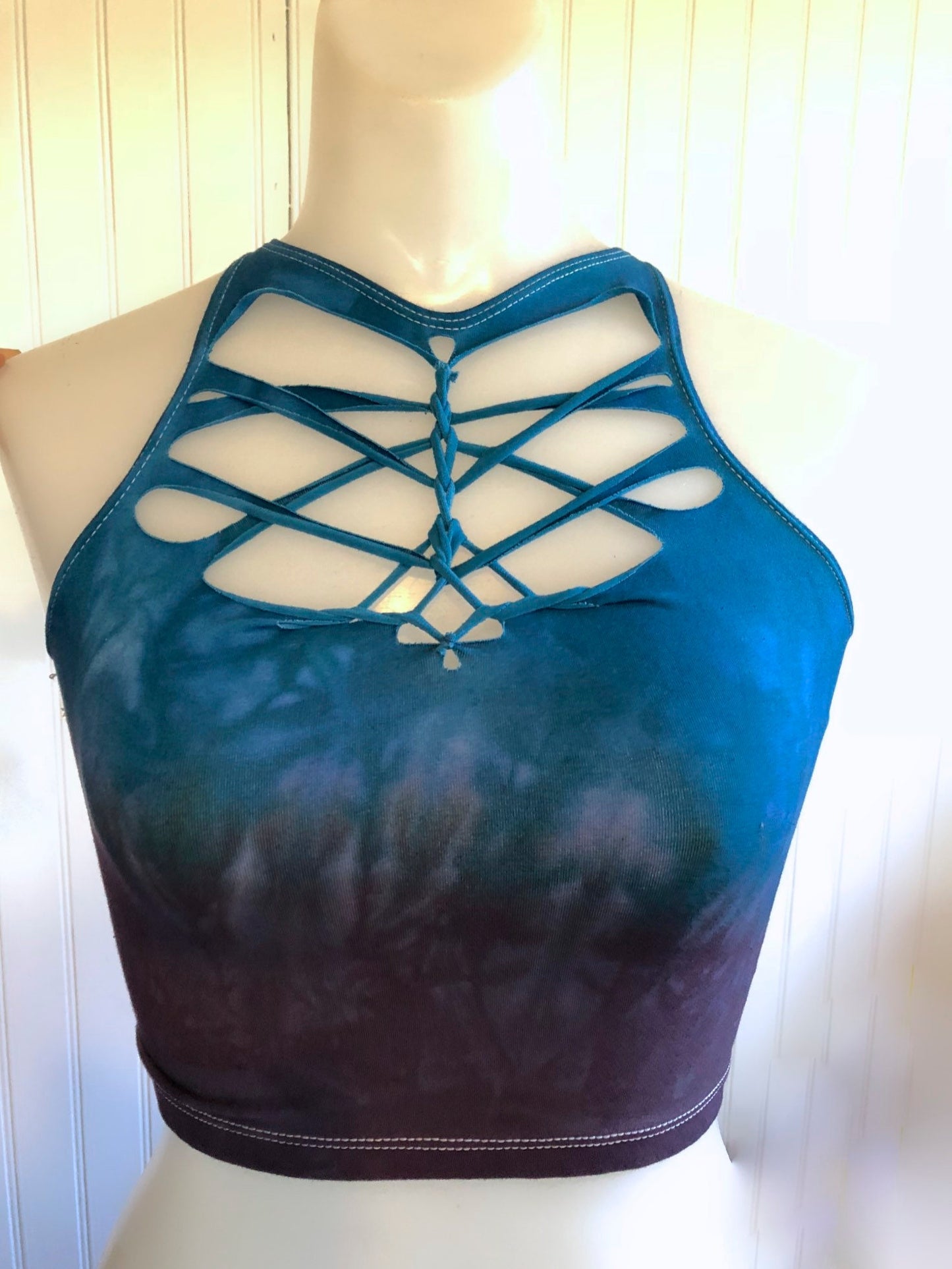 Blue Cherry Warrior Hand Dyed Crop Top Open back Yoga Tank __etsy:1803294026