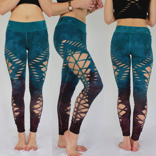 Blue Cherry Hand Dyed Yoga Braided Leggings, sexy women's leggings __etsy:2127252972