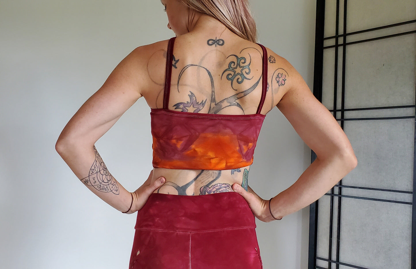 Sunset Fire Reversible Crop top Hand dyed Yoga Slit weave Fire hula hoop __etsy:2383697932