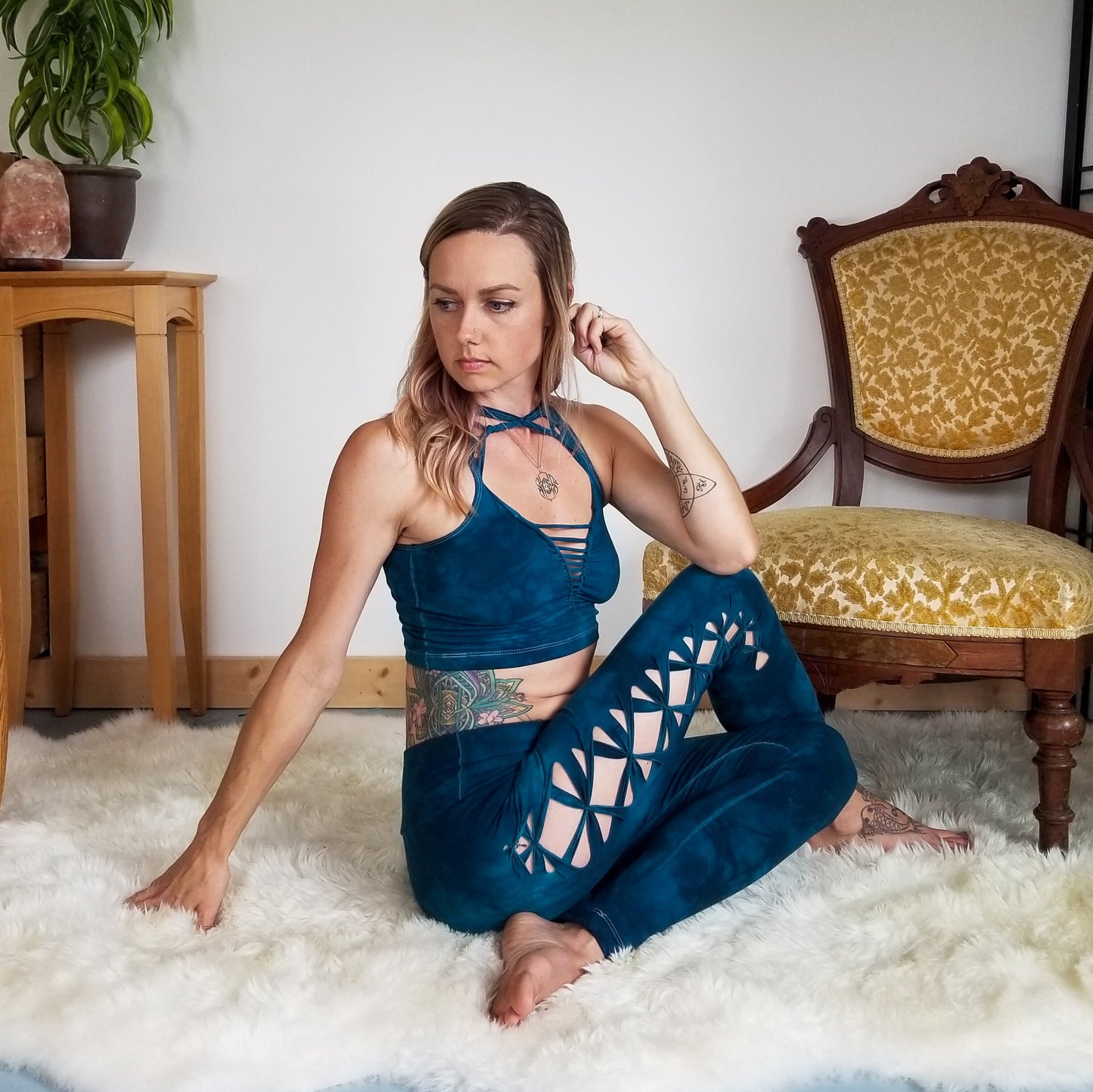 Yoga Braided leggings Hand Dyed Dark Jade __etsy:2423362122