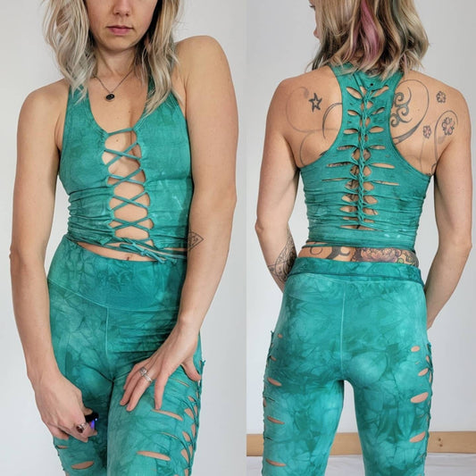 SEA GLASS laced Crop top Hand dyed Yoga Slit weave Fire hula hoop __etsy:3590042670