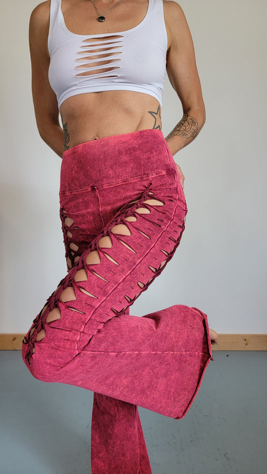 Mineral Wash Rose Flare Yoga Pants: Ripped Foldover Waist __etsy:4038209373