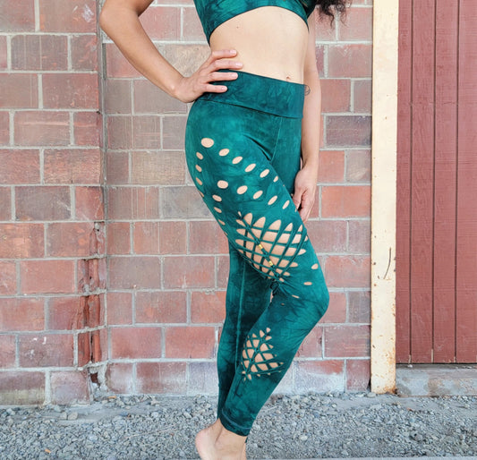 Blue Green Braided Yoga leggings Hand Dyed