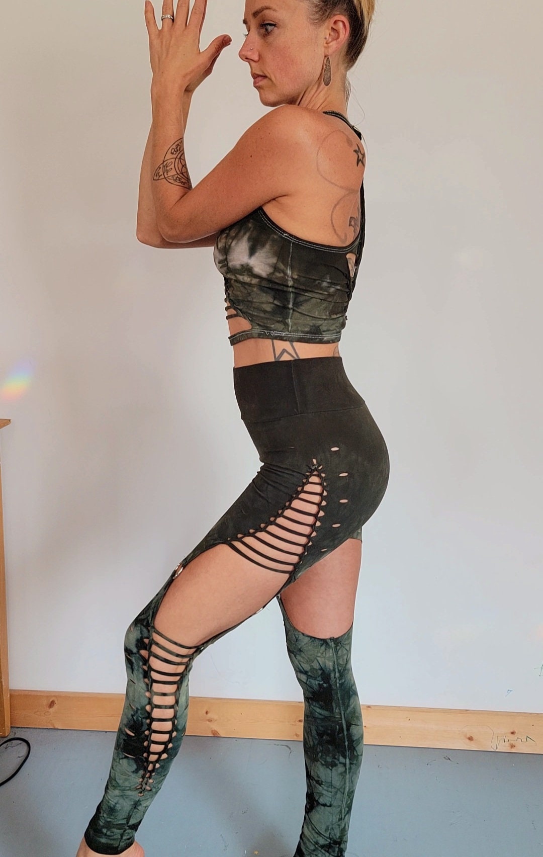SAGE OMBRE Garter 2 Braided Yoga Leggings, hand dyed, boho, festival clothing, hoop fashion, ripped leggings, pole dance, slit weave