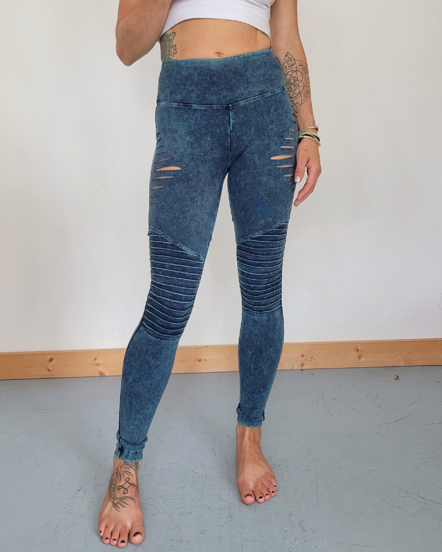 Aqua MOTO Mineral Wash Braided Yoga Leggings, boho, festival clothing, hoop fashion, ripped leggings, pole dance, slit weave LIMITED EDITION