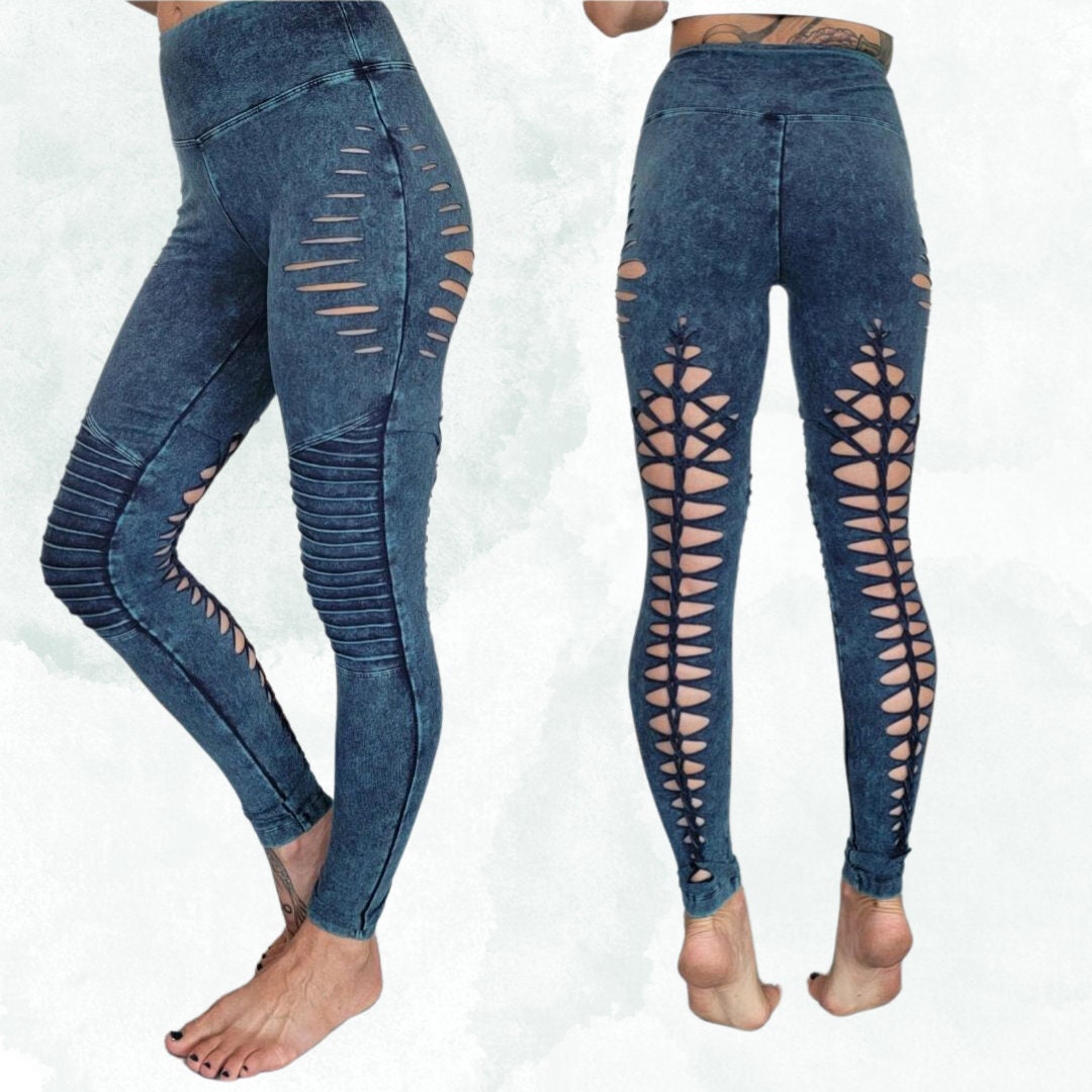 Aqua MOTO Mineral Wash Braided Yoga Leggings, boho, festival clothing, hoop fashion, ripped leggings, pole dance, slit weave LIMITED EDITION