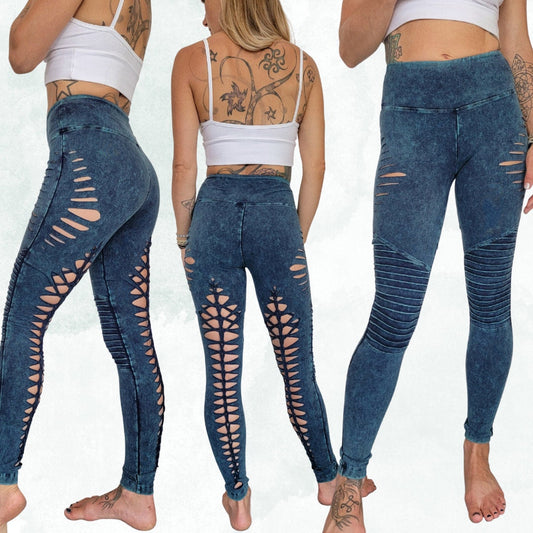 Aqua MOTO Mineral Wash Braided Yoga Leggings, boho, festival clothing, hoop fashion, ripped leggings, pole dance, slit weave LIMITED EDITION