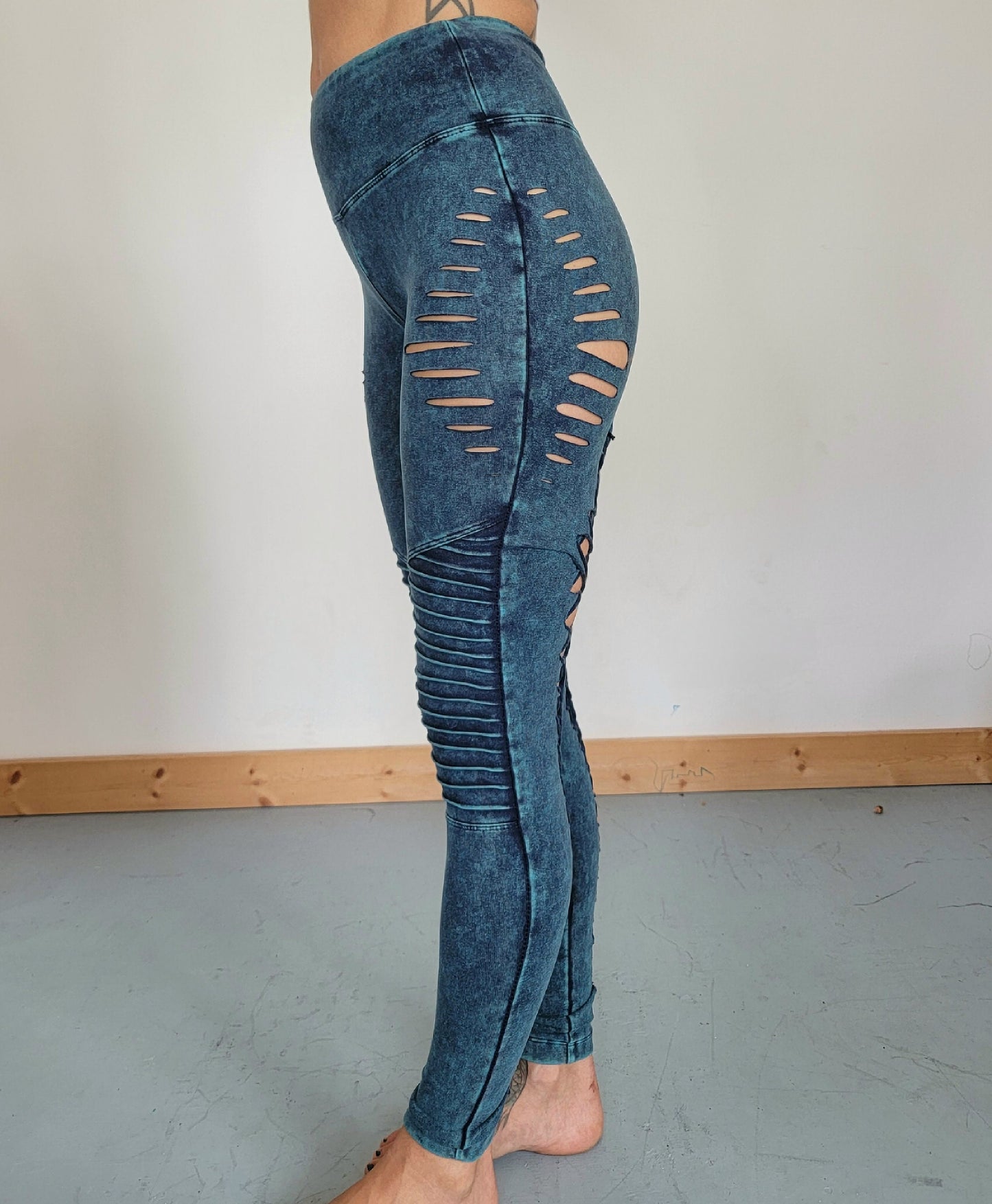 Aqua MOTO Mineral Wash Braided Yoga Leggings, boho, festival clothing, hoop fashion, ripped leggings, pole dance, slit weave LIMITED EDITION