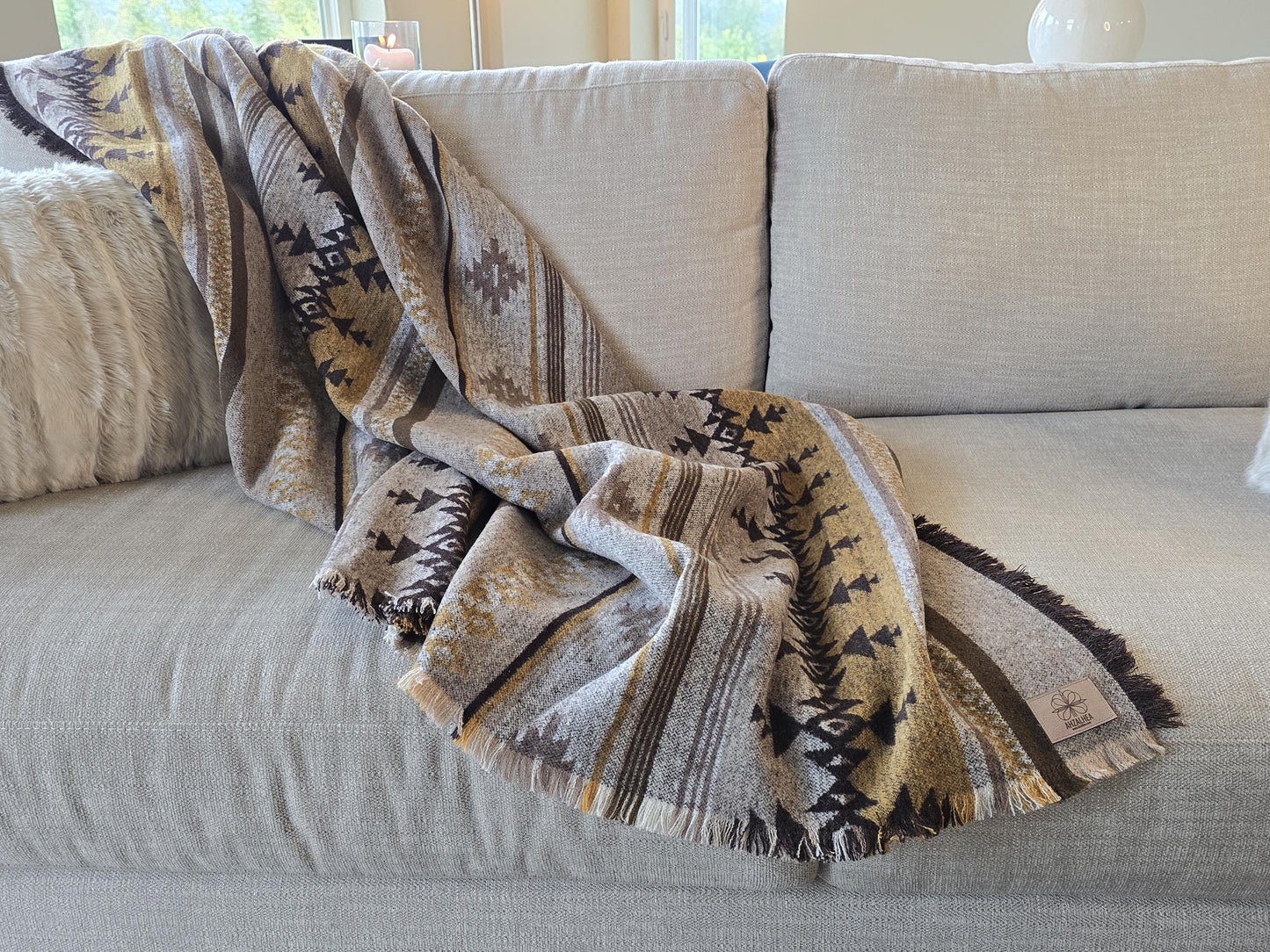 Southwest Inspired Gold and Tan Wool Throw Blanket