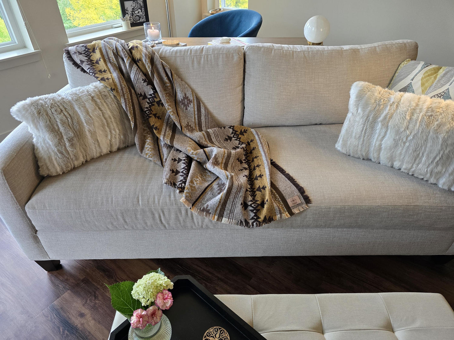 Southwest Inspired Gold and Tan Wool Throw Blanket