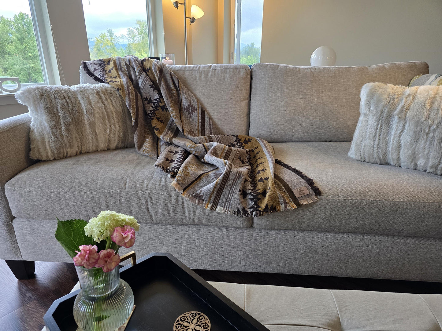 Southwest Inspired Gold and Tan Wool Throw Blanket