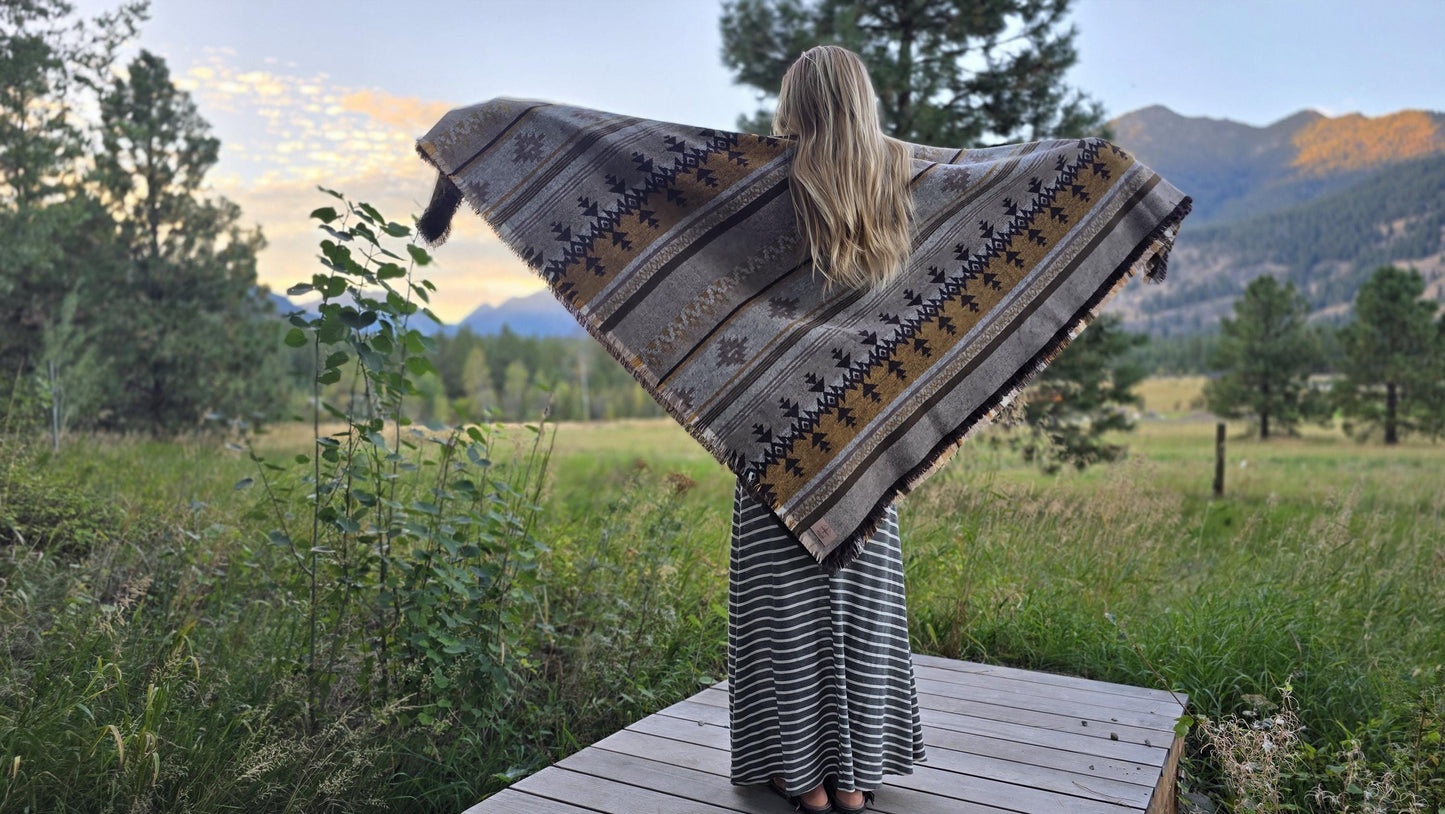 Southwest Inspired Gold and Tan Wool Throw Blanket