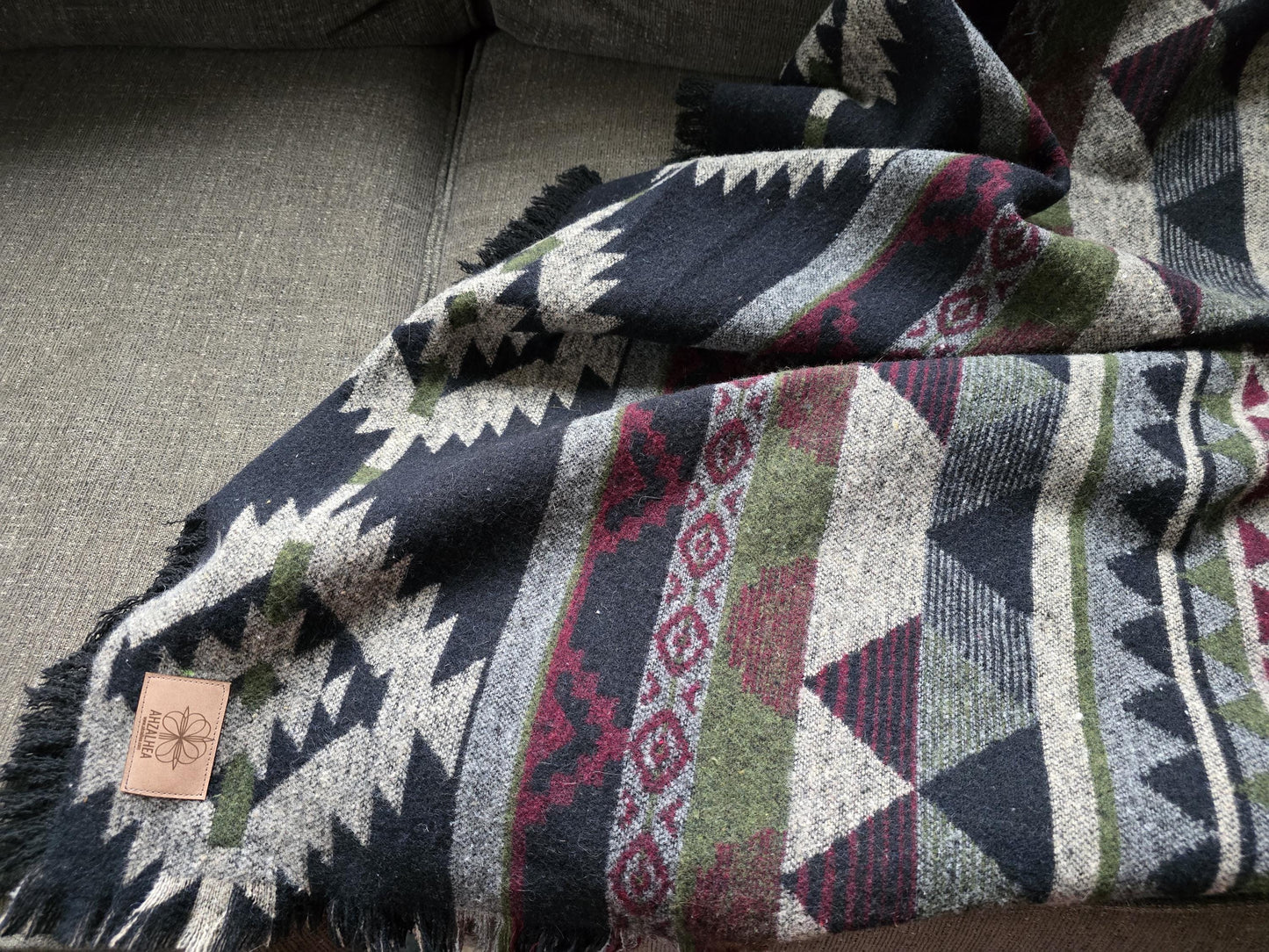 Southwest Inspired green and red Wool Throw Blanket