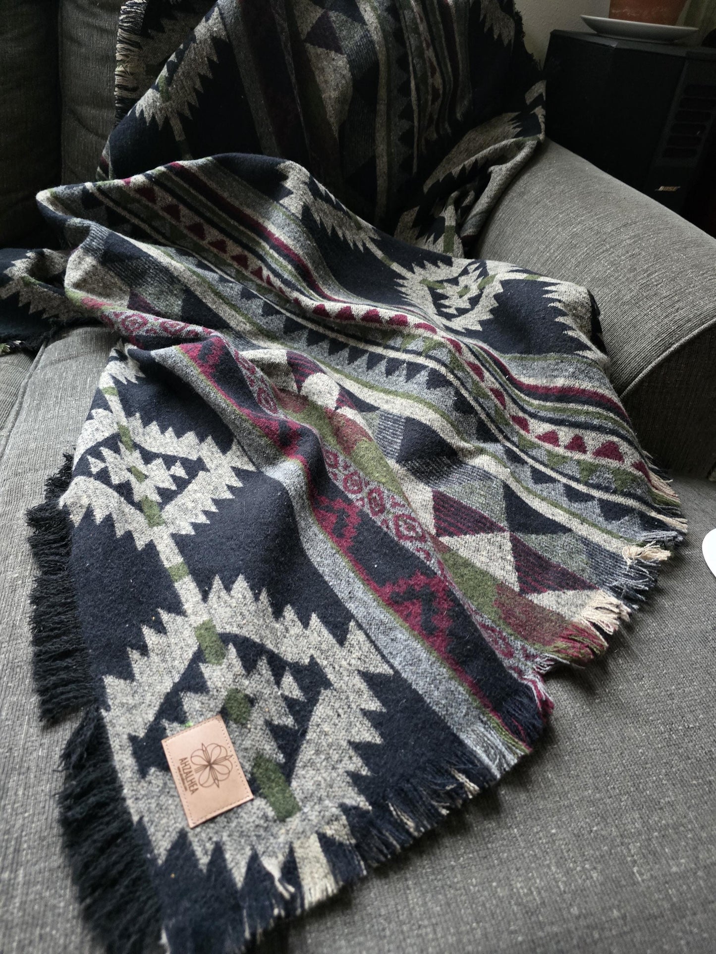 Southwest Inspired green and red Wool Throw Blanket