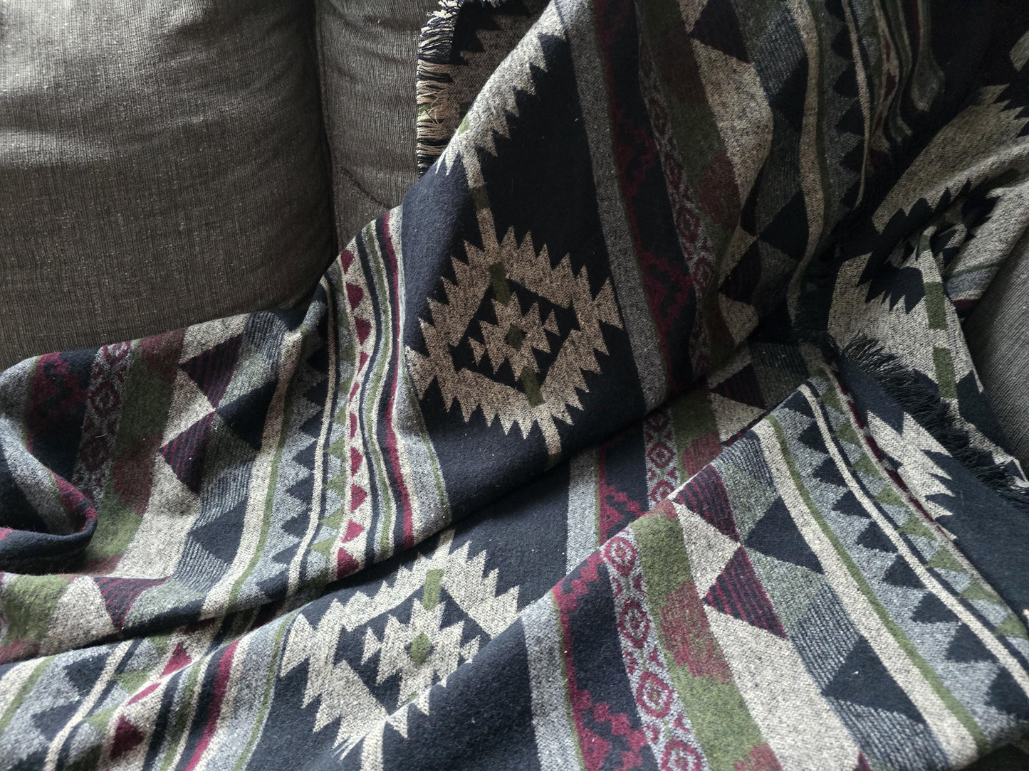 Southwest Inspired green and red Wool Throw Blanket