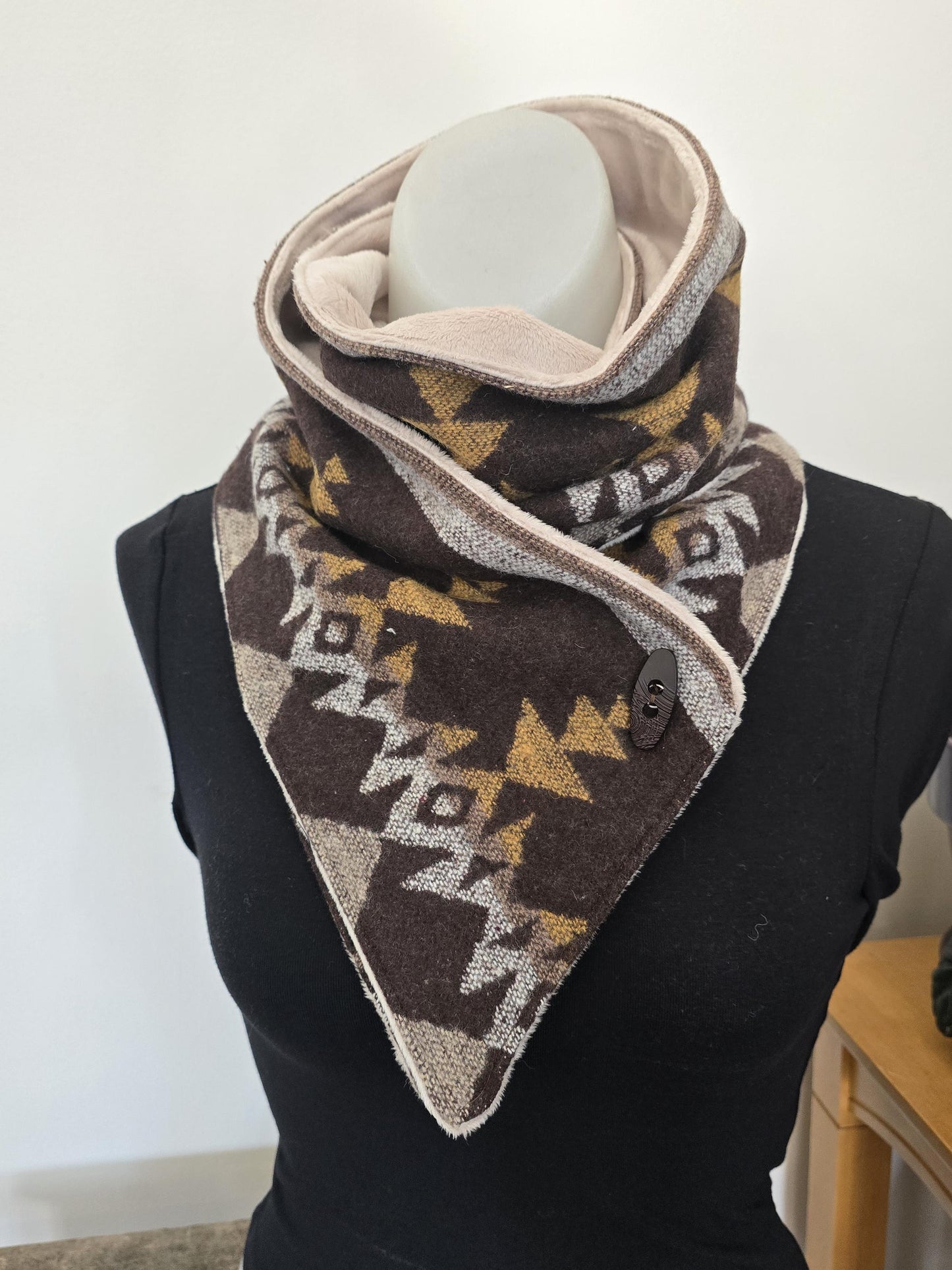 Southwest Adventure Scarf: Golden Brown Wool Blend, Unisex Snapped Wrap __etsy:6460656123