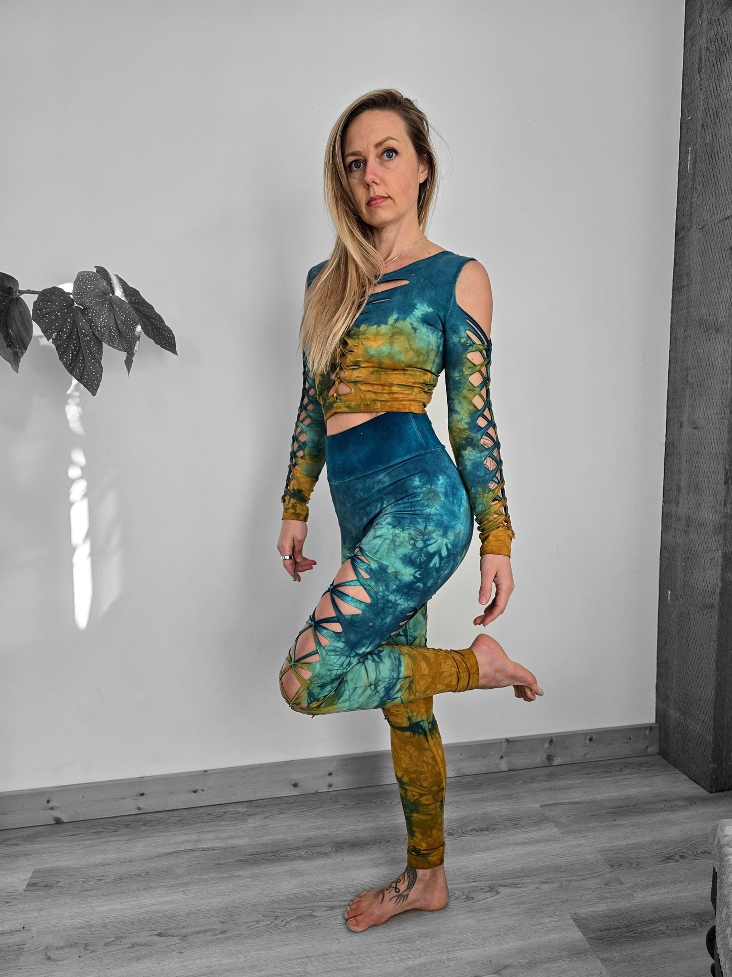 Amber Jade Yoga leggings Hand Dyed, fire safe, gift for her, hula hoop, slit weave