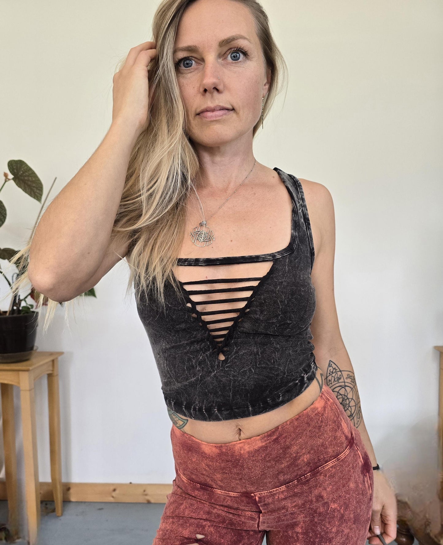 Square Neck Mineral Wash Crop Braided Crop Tank Top
