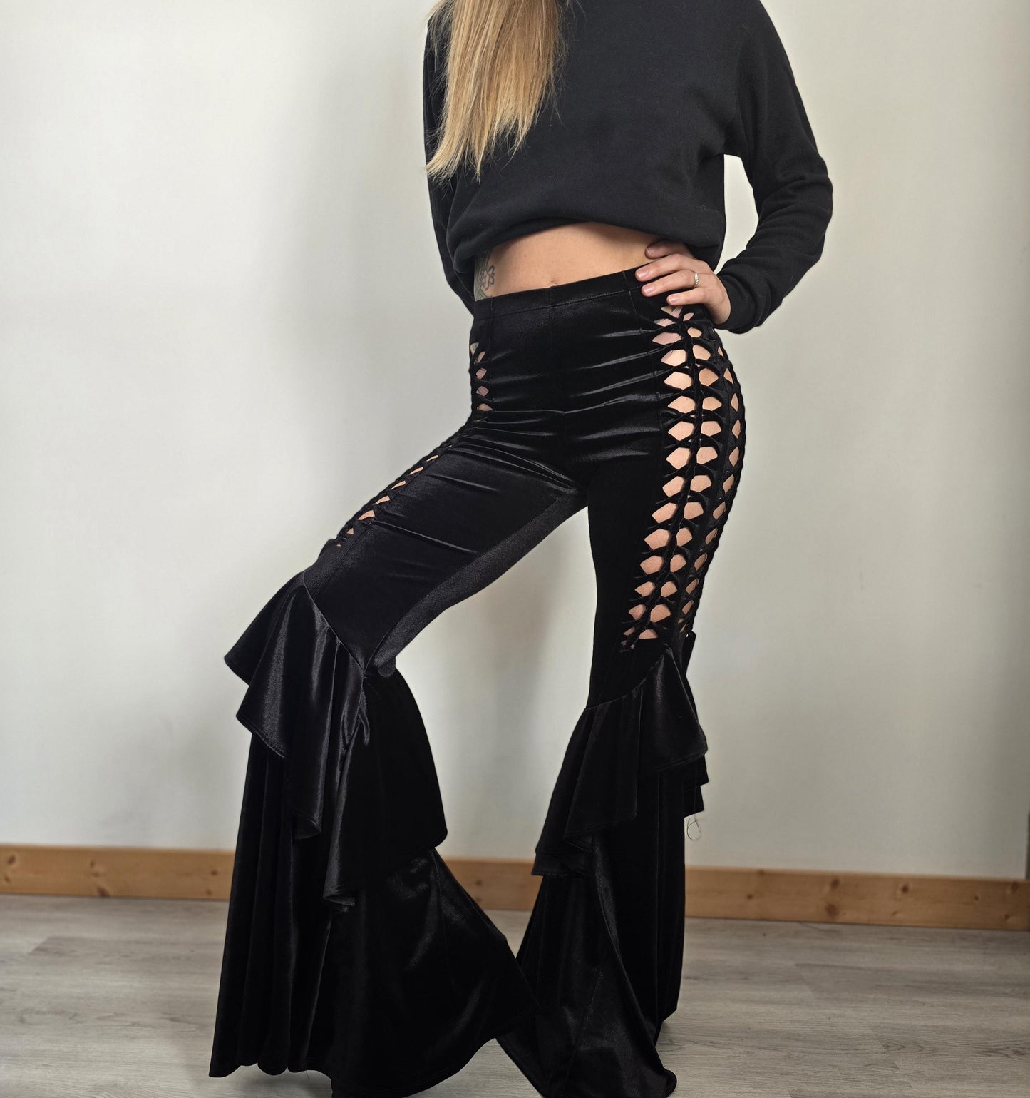Velvet Ruffle Flares Yoga Pants, ripped pants, gift for her