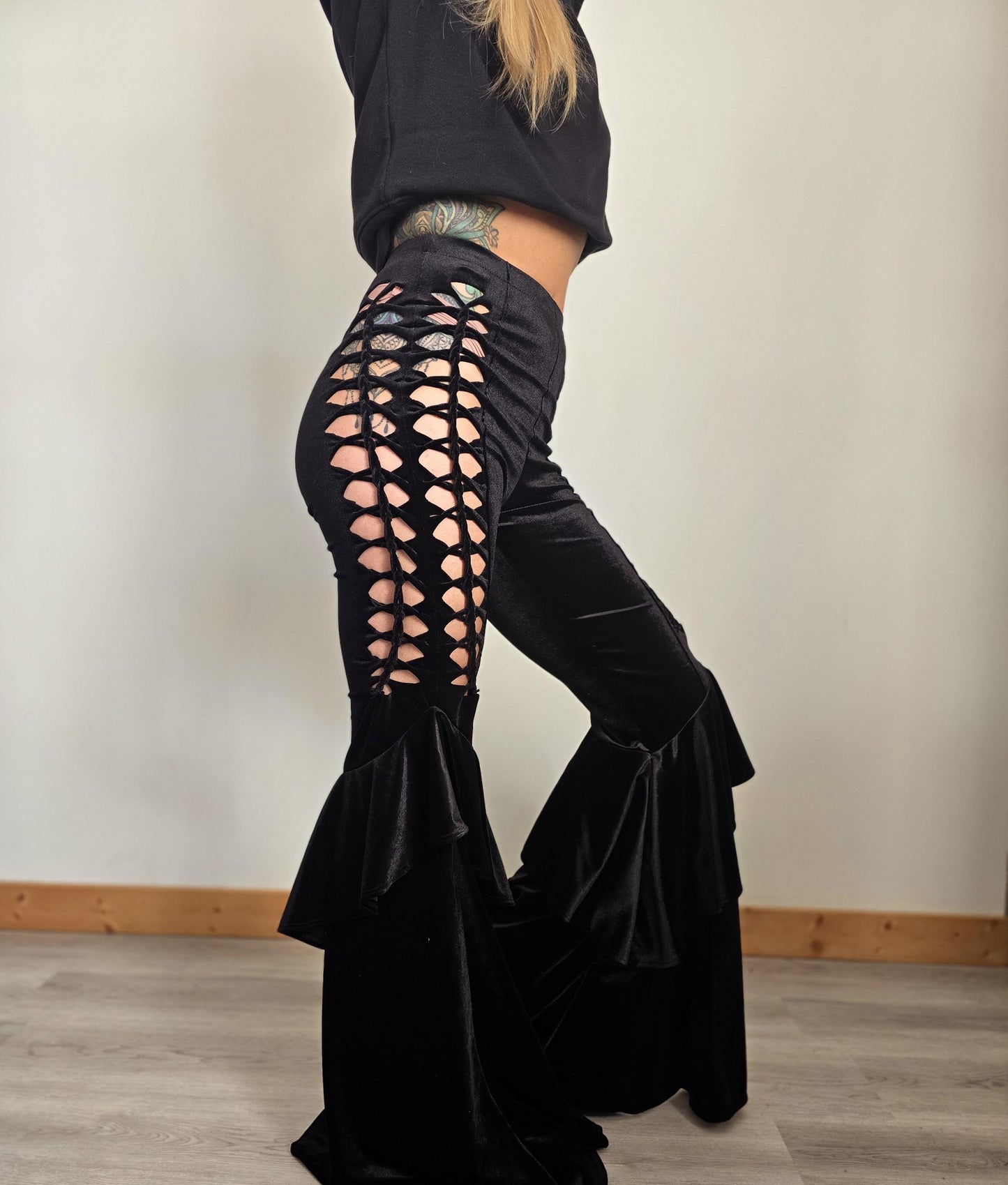 Velvet Ruffle Flares Yoga Pants, ripped pants, gift for her