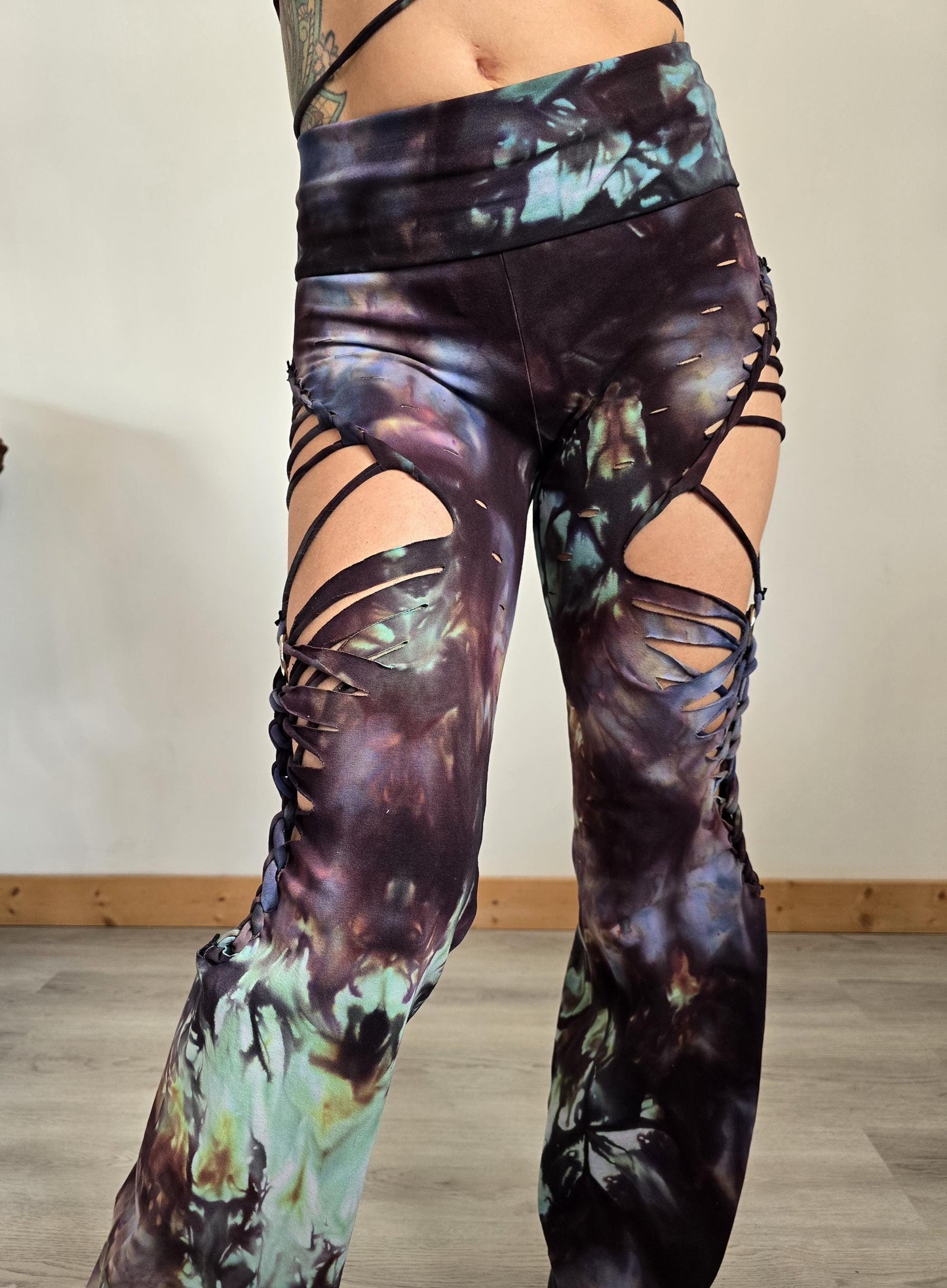 Ice Dye Kaleidoscope Flares Yoga Pants, ripped pants, gift for her, festival, rave, fire safe