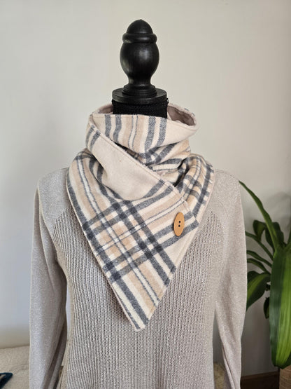 Cream and Charcoal Plaid Wool Snap Scarf
