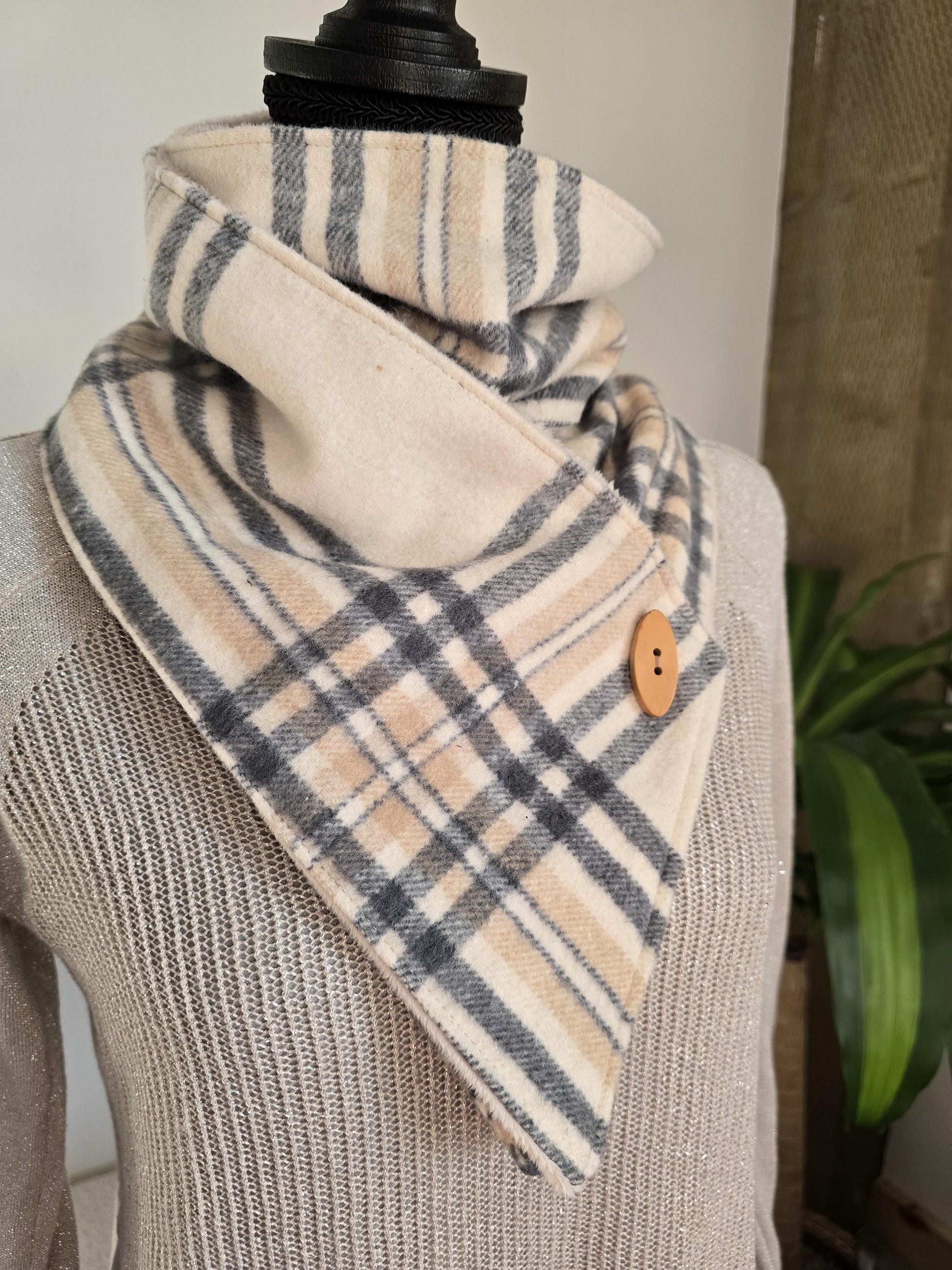 Cream and Charcoal Plaid Wool Snap Scarf