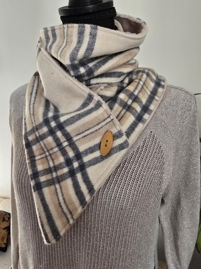Cream and Charcoal Plaid Wool Snap Scarf