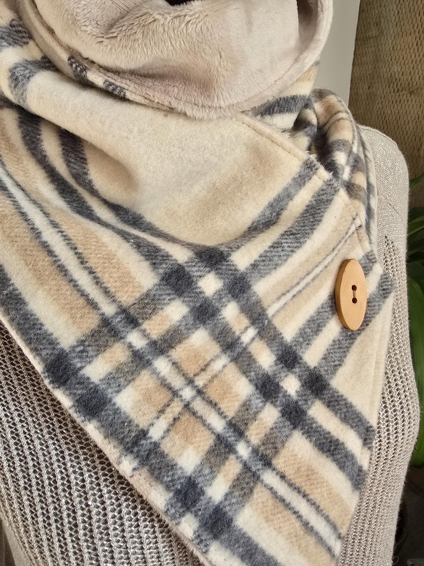 Cream and Charcoal Plaid Wool Snap Scarf