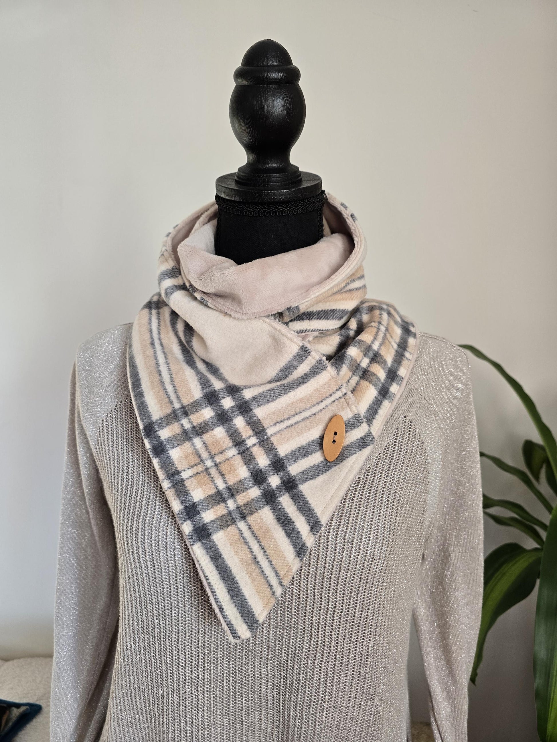 Cream and Charcoal Plaid Wool Snap Scarf