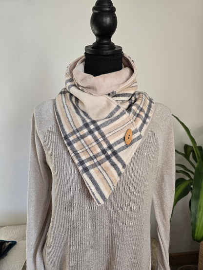 Cream and Charcoal Plaid Wool Snap Scarf