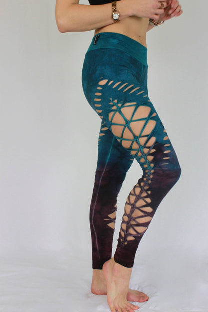 Yoga Braided Leggings, sexy women's leggings, Hand Dyed "Blue Cherry"