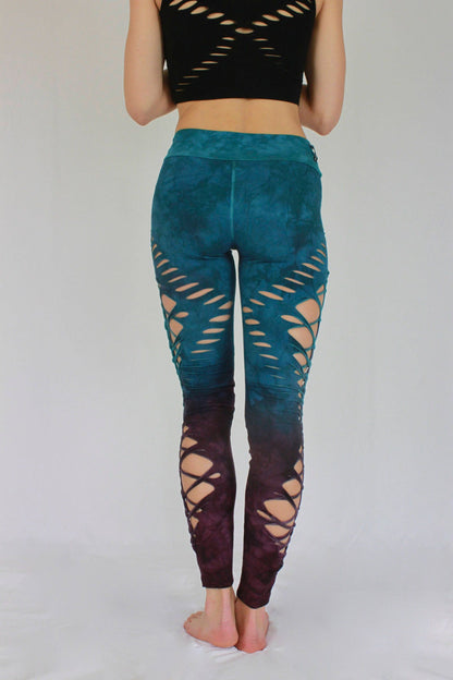 Yoga Braided Leggings, sexy women's leggings, Hand Dyed "Blue Cherry"