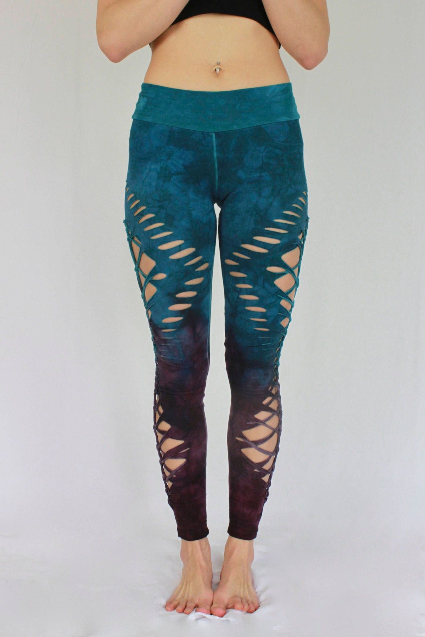 Yoga Braided Leggings, sexy women's leggings, Hand Dyed "Blue Cherry"