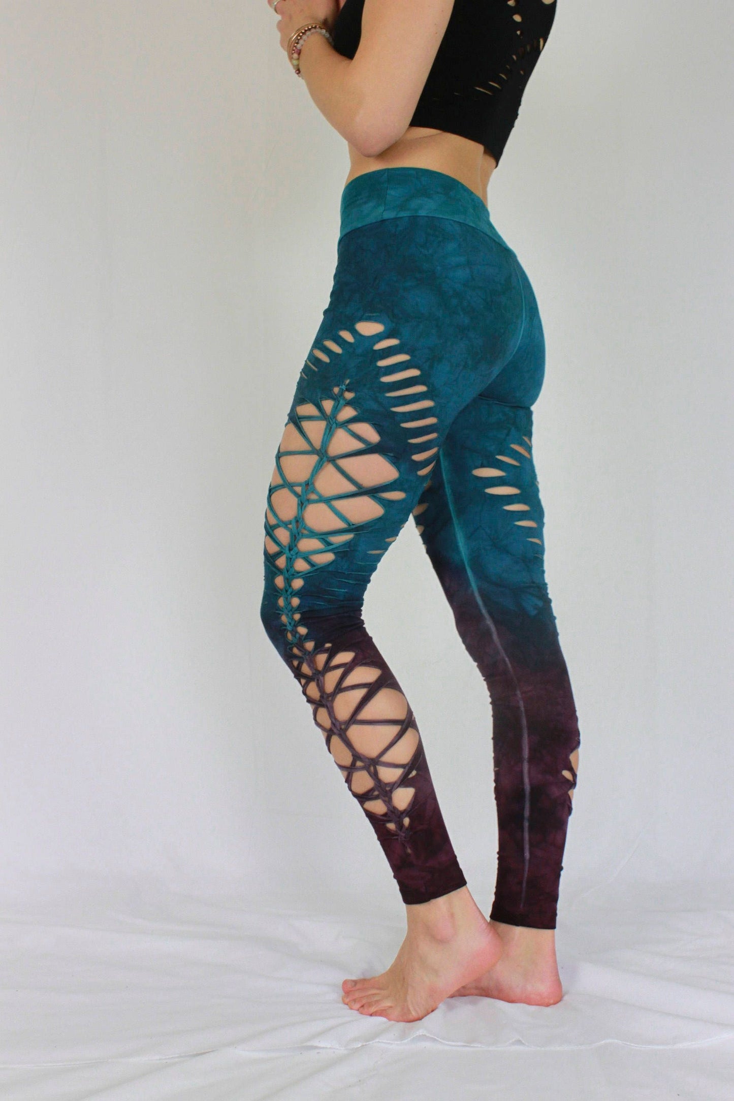 Blue Cherry Hand Dyed Yoga Braided Leggings, sexy women's leggings __etsy:1489083177