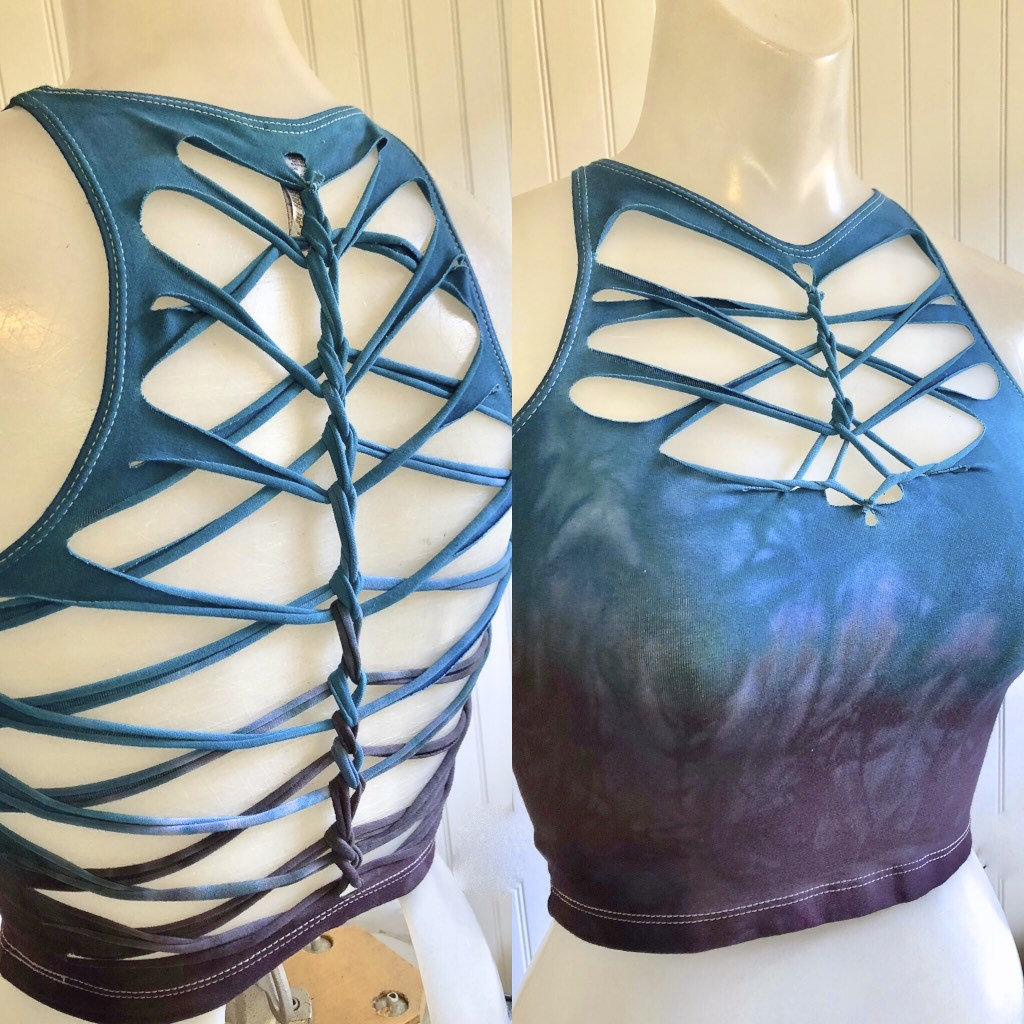 Blue Cherry Warrior Hand Dyed Crop Top Open back Yoga Tank