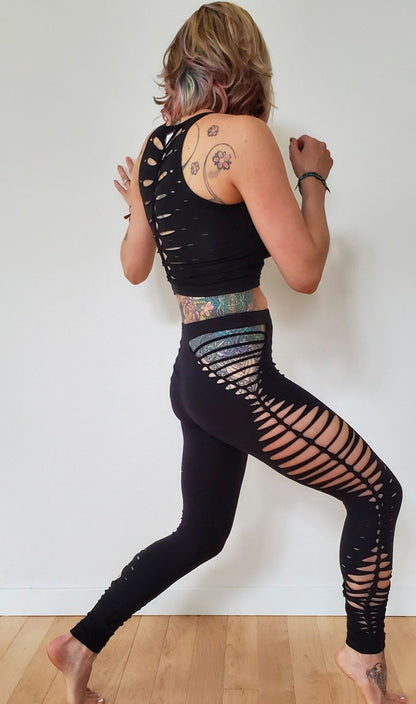 Goddess Braided Yoga Leggings, boho, festival clothing, hoop fashion, ripped leggings, pole dance, slit weave