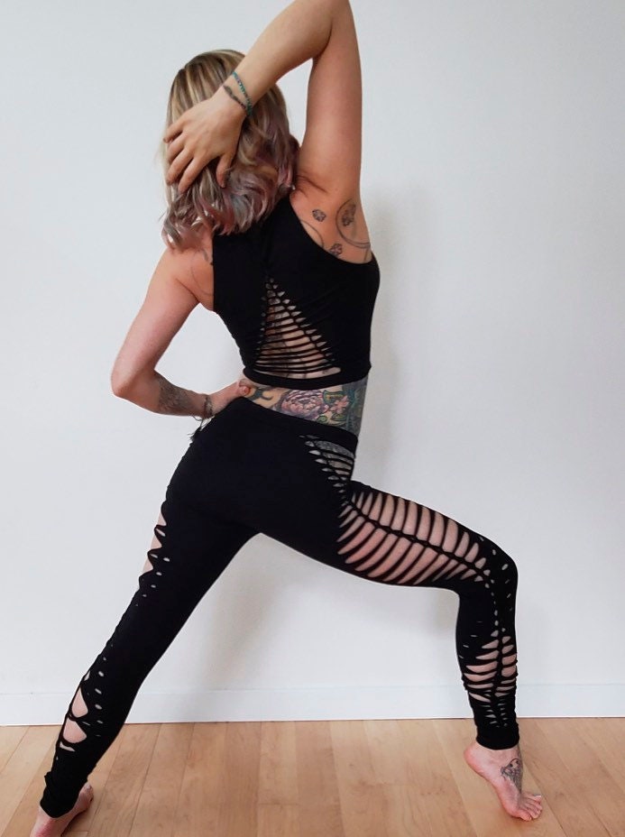 Goddess Braided Yoga Leggings, boho, festival clothing, hoop fashion, ripped leggings, pole dance, slit weave