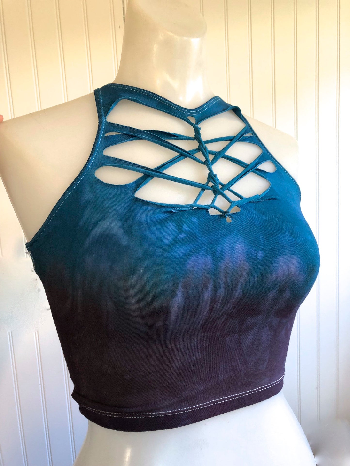 Blue Cherry Warrior Hand Dyed Crop Top Open back Yoga Tank