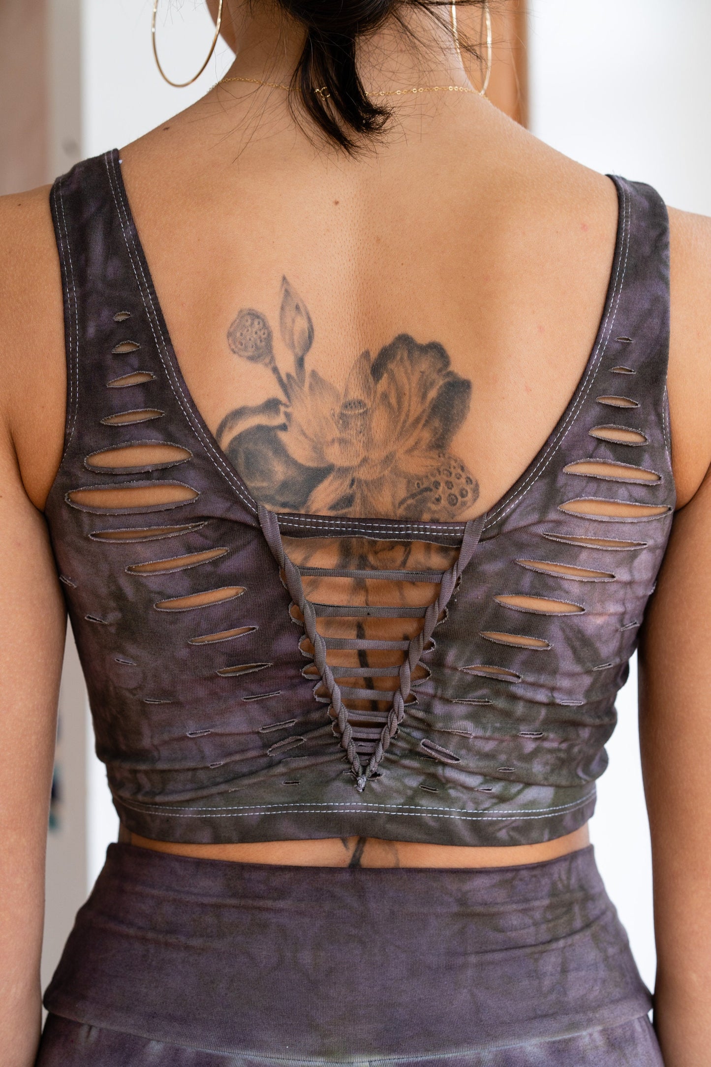 Shitake Strappy Crop Top Open back Yoga Tank Slit Weave