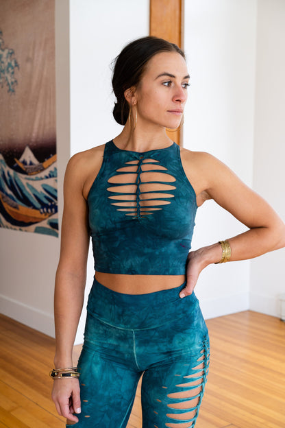 Teal Shiva Crop top Hand dyed Yoga Slit weave Fire hula hoop