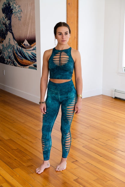 Teal Shiva Crop top Hand dyed Yoga Slit weave Fire hula hoop