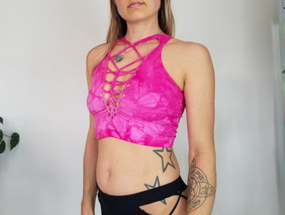 Dragon Fruit Crop top Hand dyed Yoga Slit weave Fire hula hoop