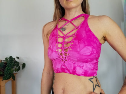 Dragon Fruit Crop top Hand dyed Yoga Slit weave Fire hula hoop