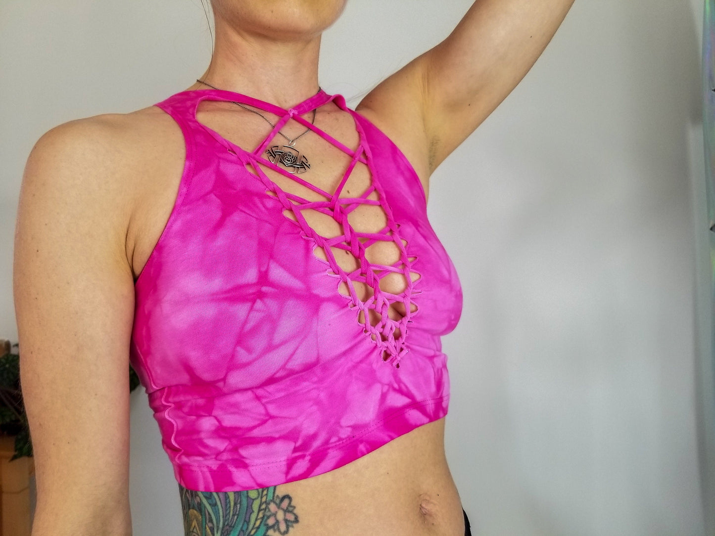 Dragon Fruit Crop top Hand dyed Yoga Slit weave Fire hula hoop