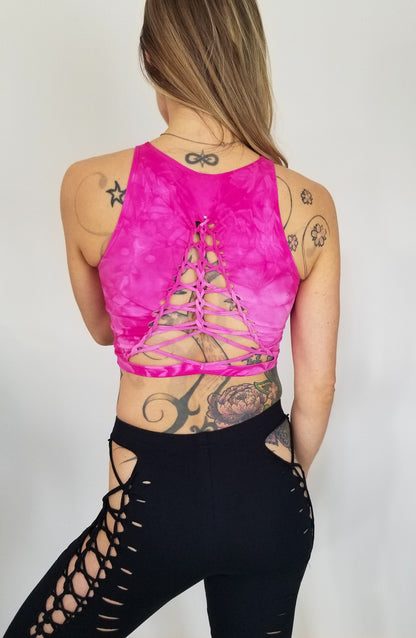 Dragon Fruit Crop top Hand dyed Yoga Slit weave Fire hula hoop