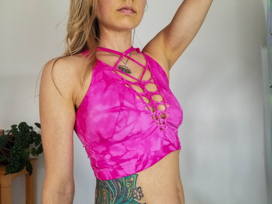 Dragon Fruit Crop top Hand dyed Yoga Slit weave Fire hula hoop