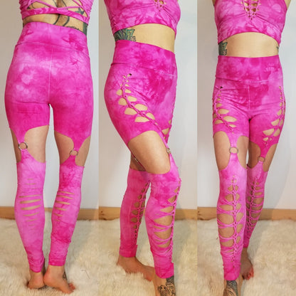 Custom Dyed Garter Braided Yoga Leggings, boho, festival clothing, hoop fashion, ripped leggings, pole dance, slit weave