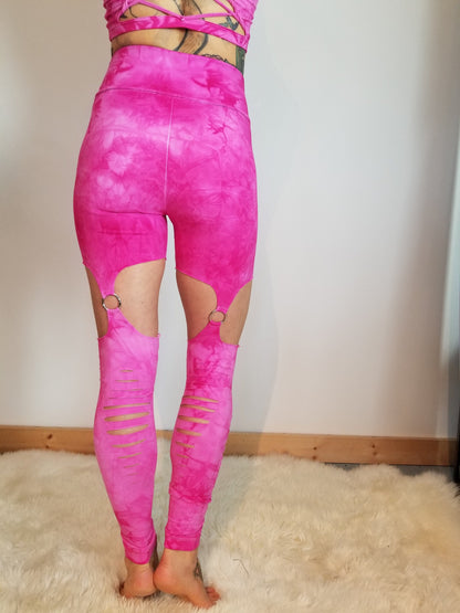 Custom Dyed Garter Braided Yoga Leggings, boho, festival clothing, hoop fashion, ripped leggings, pole dance, slit weave